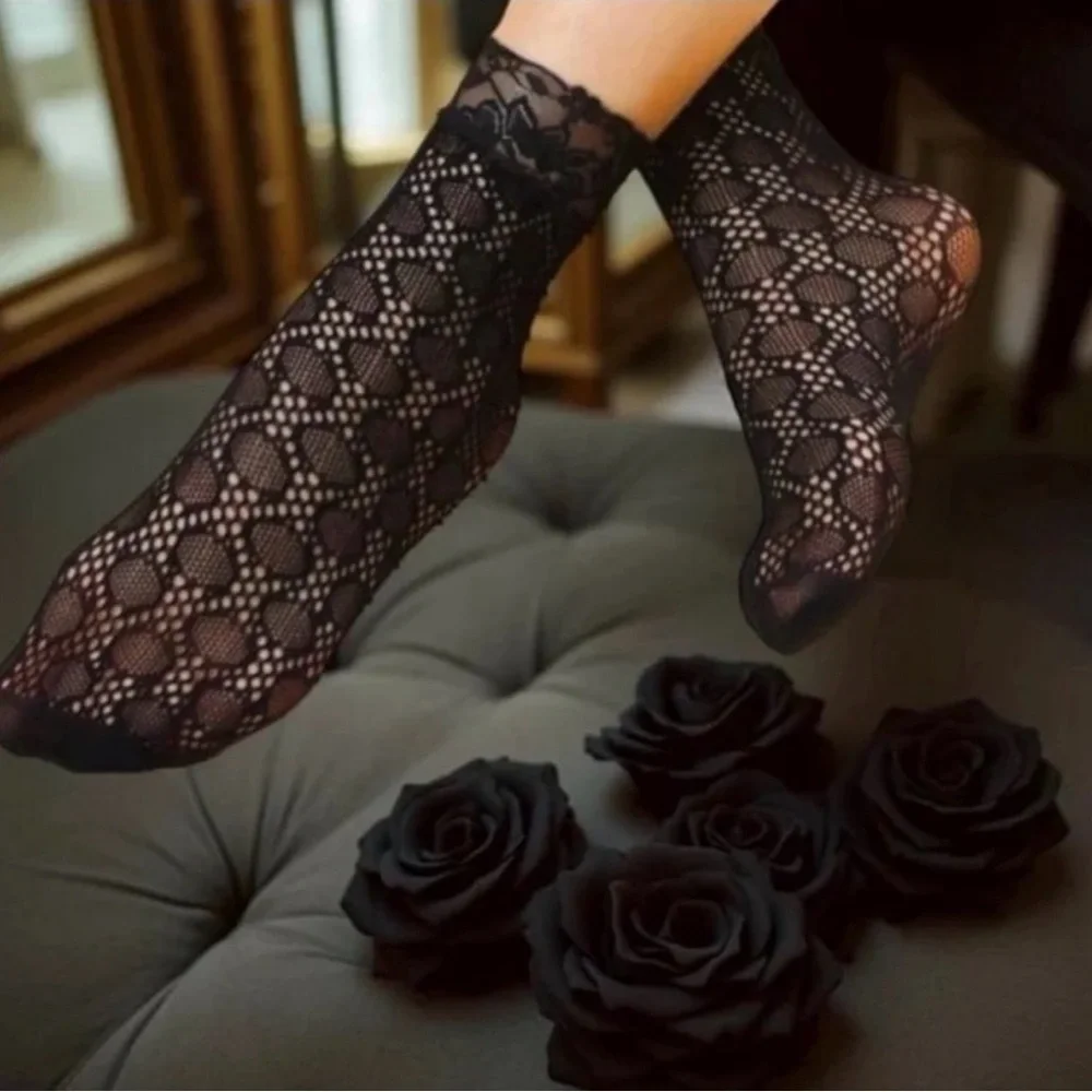 Lace Transparent Fishnet Argyle Mesh Sheer Pointelle Crew Socks
